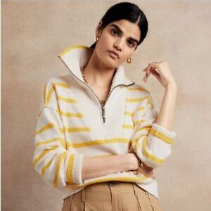 Women's Banana Republic Oversized Half-Zip Cotton Sweater Yellow/White Size XS